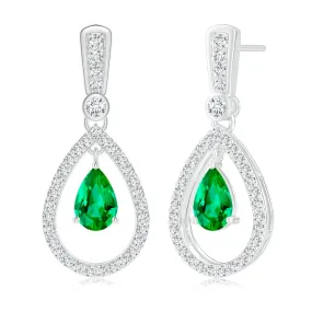 1.49 CT. Pear Emerald Drop Earrings with Pavé Halo