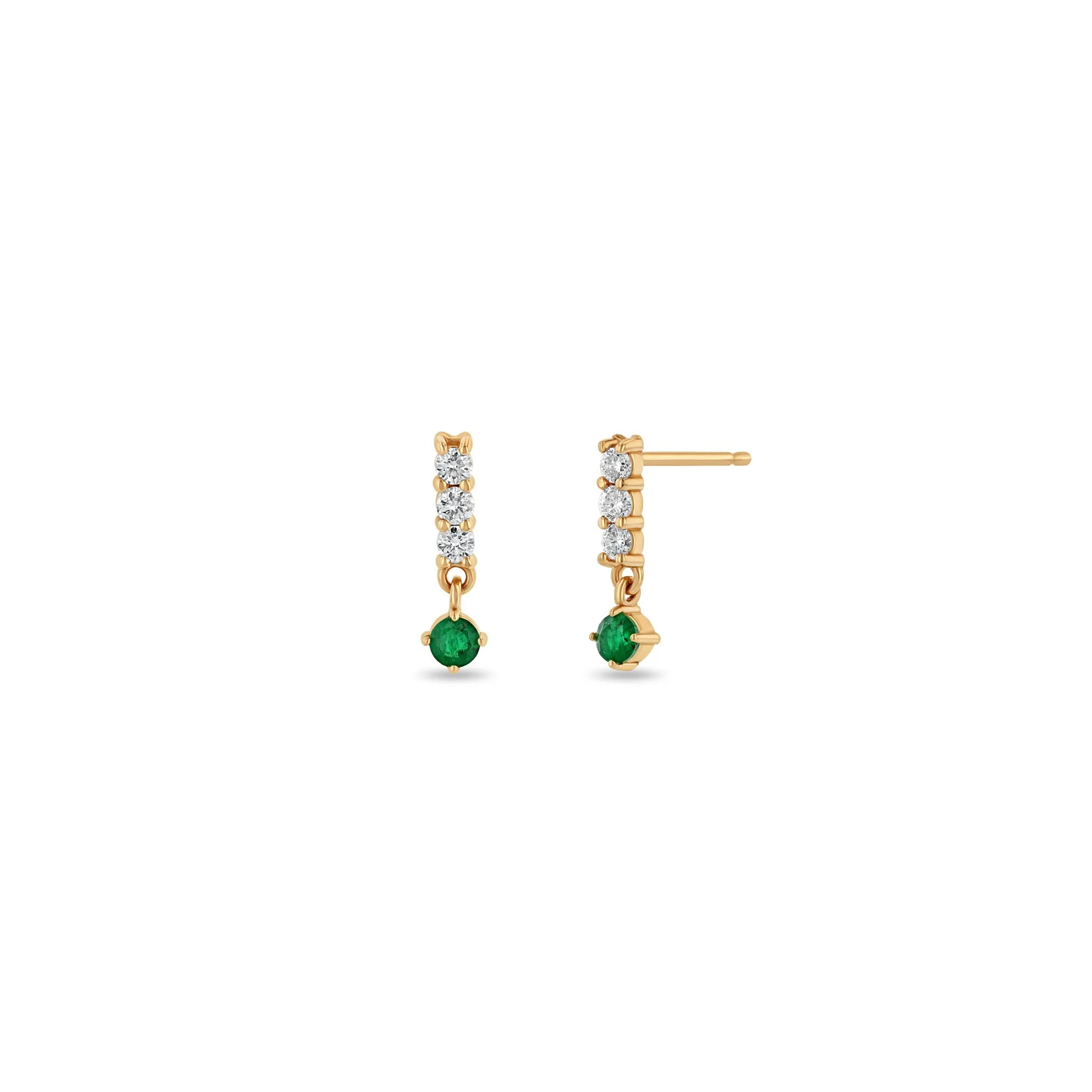 14k Diamond Bar Drop with Dangling Prong Emerald Earrings