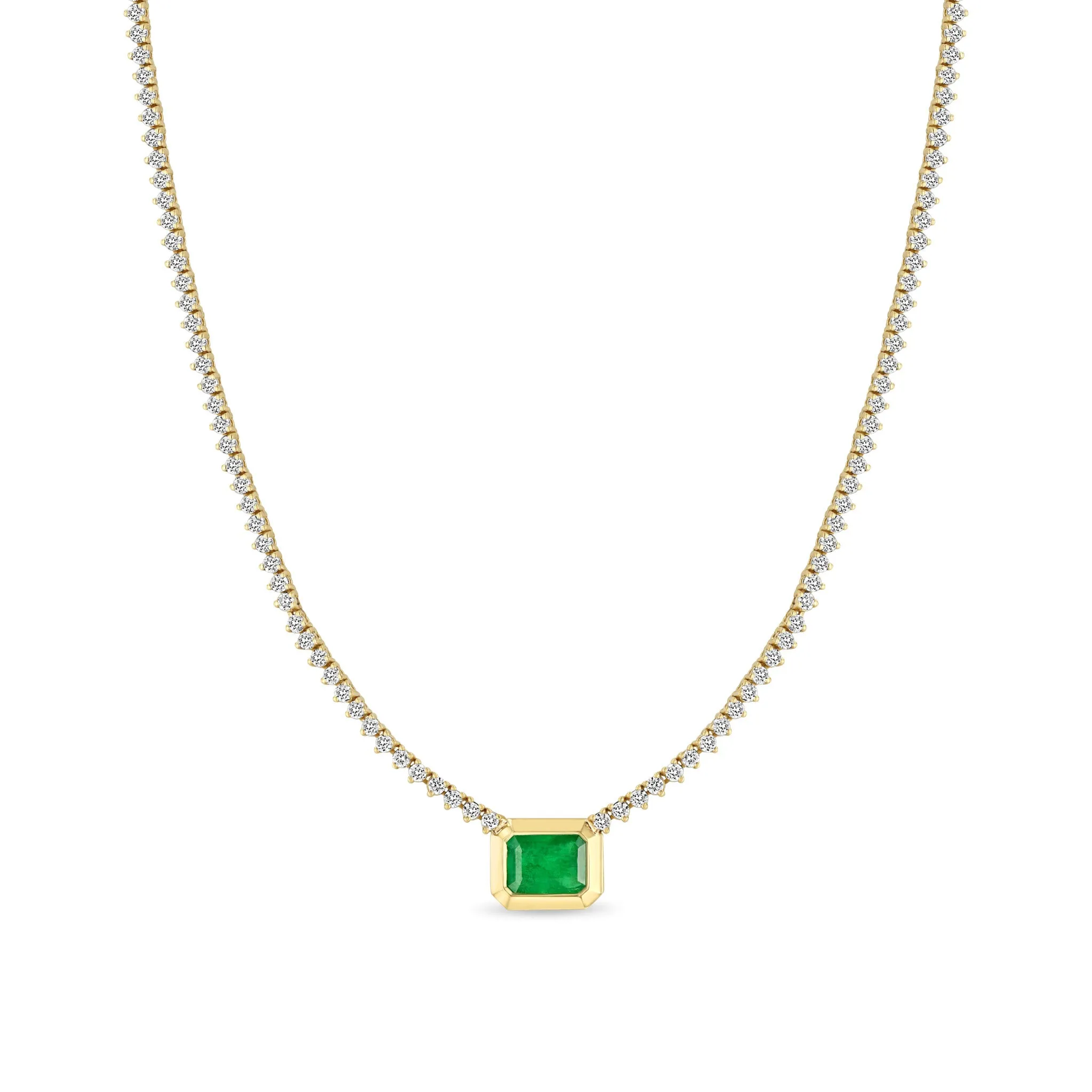 14k Emerald Cut Emerald Diamond Tennis Necklace