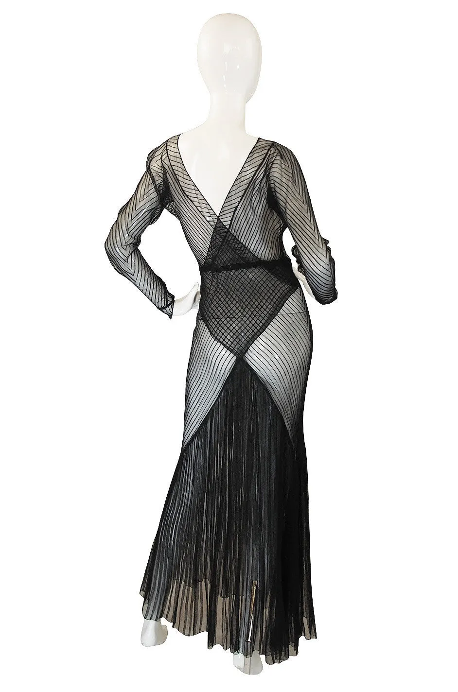 1930s Exceptional Black Silk Net Bias Gown