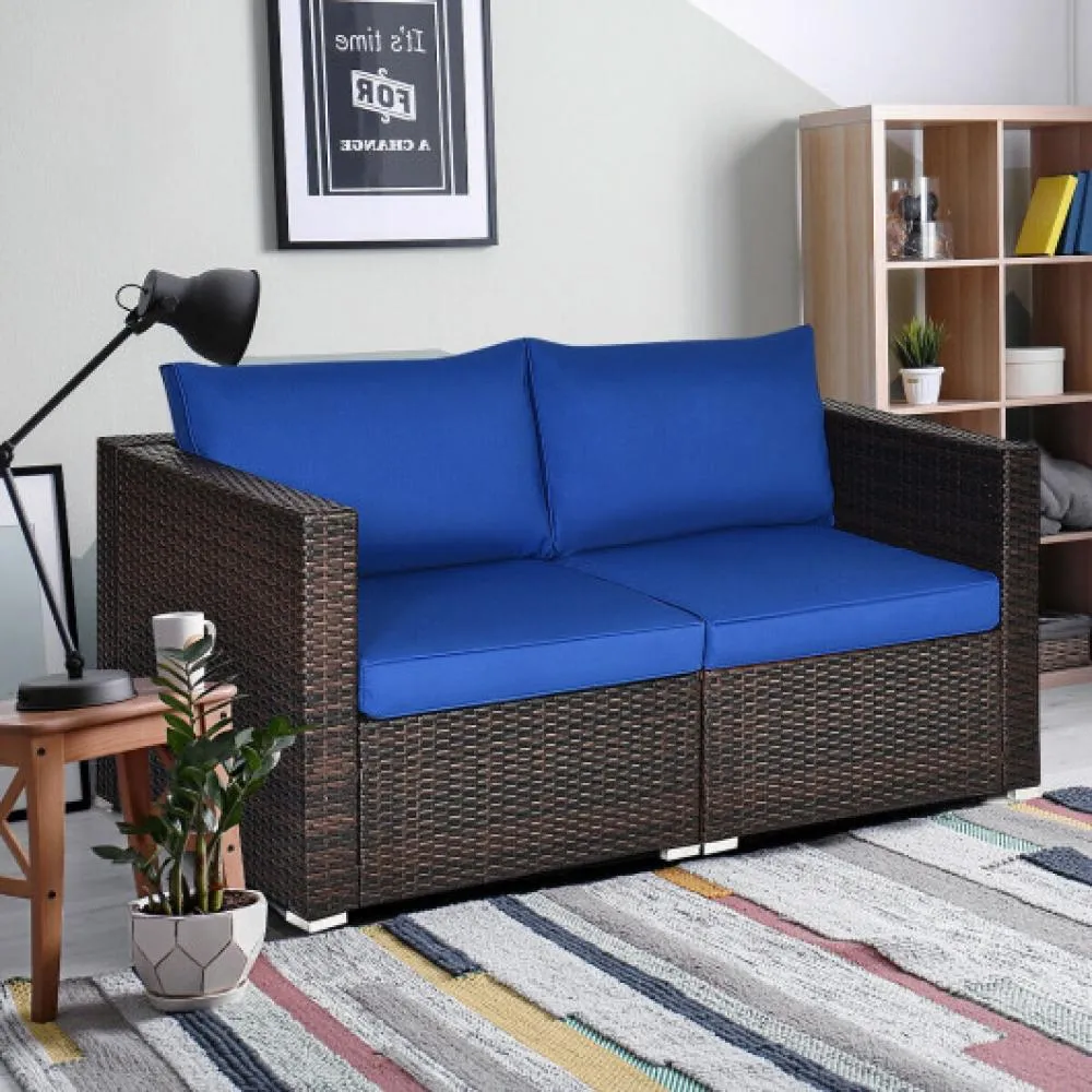 2PCS Patio Rattan Sectional Conversation Sofa Set-Blue