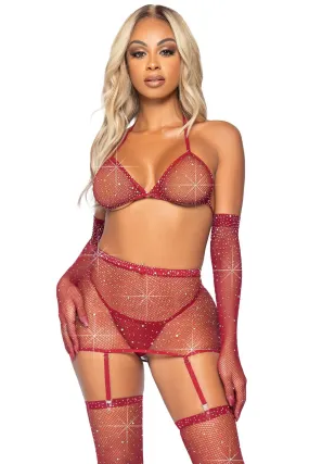 5 Piece Rhinestone Fishnet Garter Skirt Set W/Bikini Top & Accessories