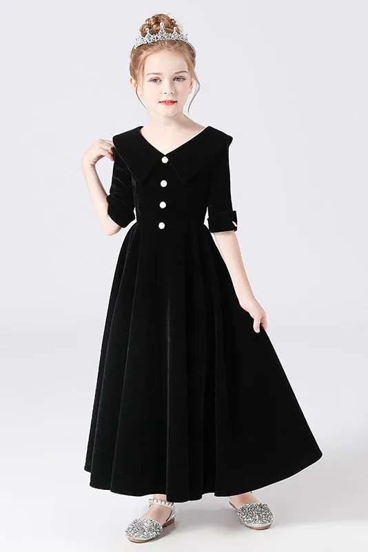 A Line Black Half Sleeve Ankle Length Flower Girl Dresses