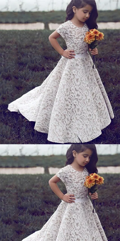 A-Line Sweep Train Ivory Lace Flower Girl Dress,Cheap Flower Girl Dresses ,FGY0239