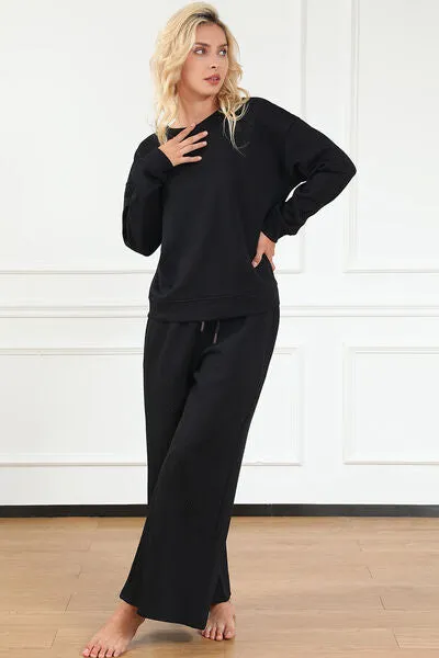 Abigail Textured Long Sleeve Top and Drawstring Pants Set