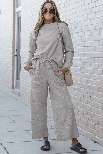 Abigail Textured Long Sleeve Top and Drawstring Pants Set