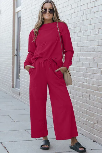 Abigail Textured Long Sleeve Top and Drawstring Pants Set