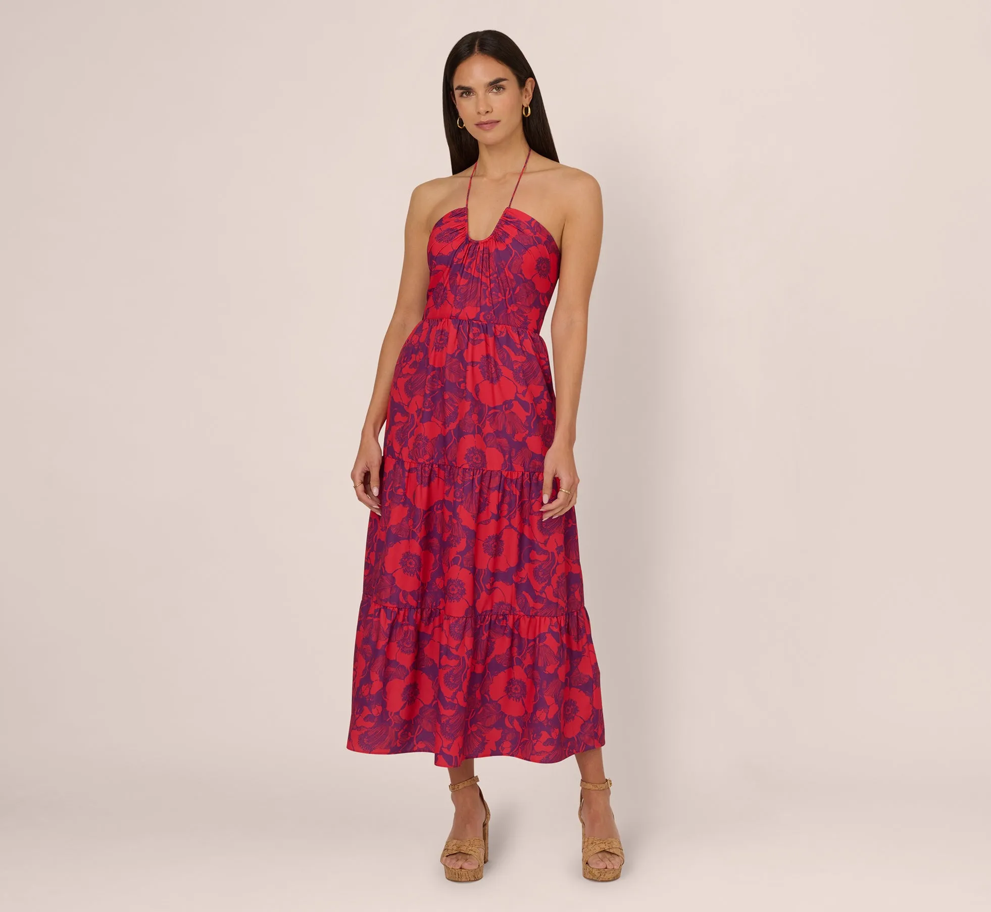 Abstract Flower Print Maxi Dress With Halter Neckline In Purple Red