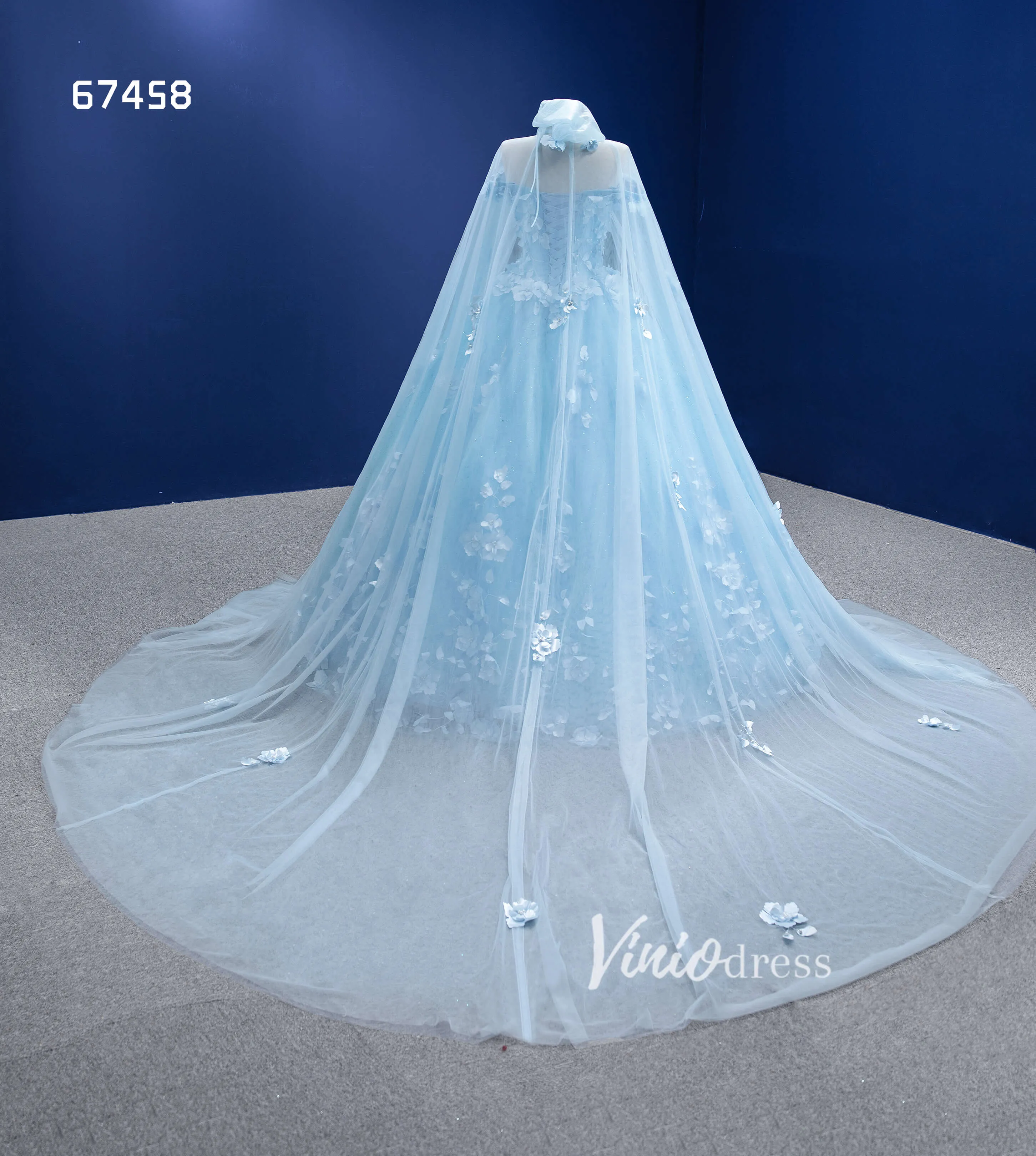 Baby Blue Flower Quince Dresses Princess Ball Gown with Cape 67458