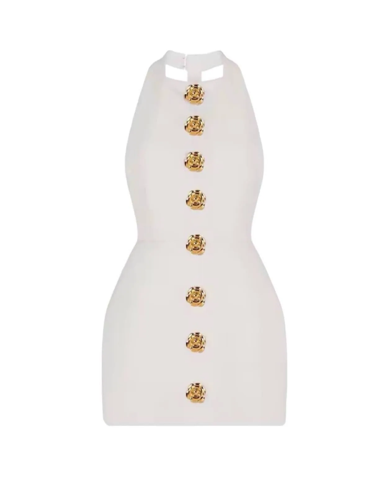 Backless Golden Blossom Trim Mini Dress