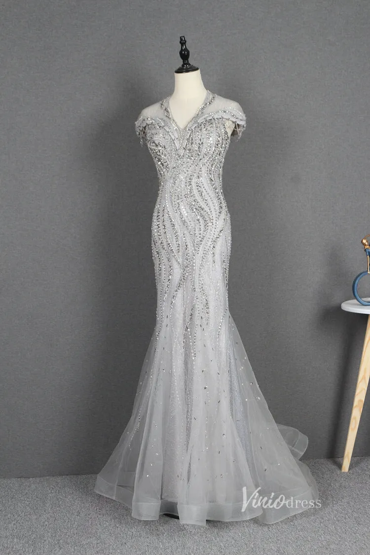 Beaded Grey Sheath Prom Dresses V-neck Mother of the Bride Dress FD2784