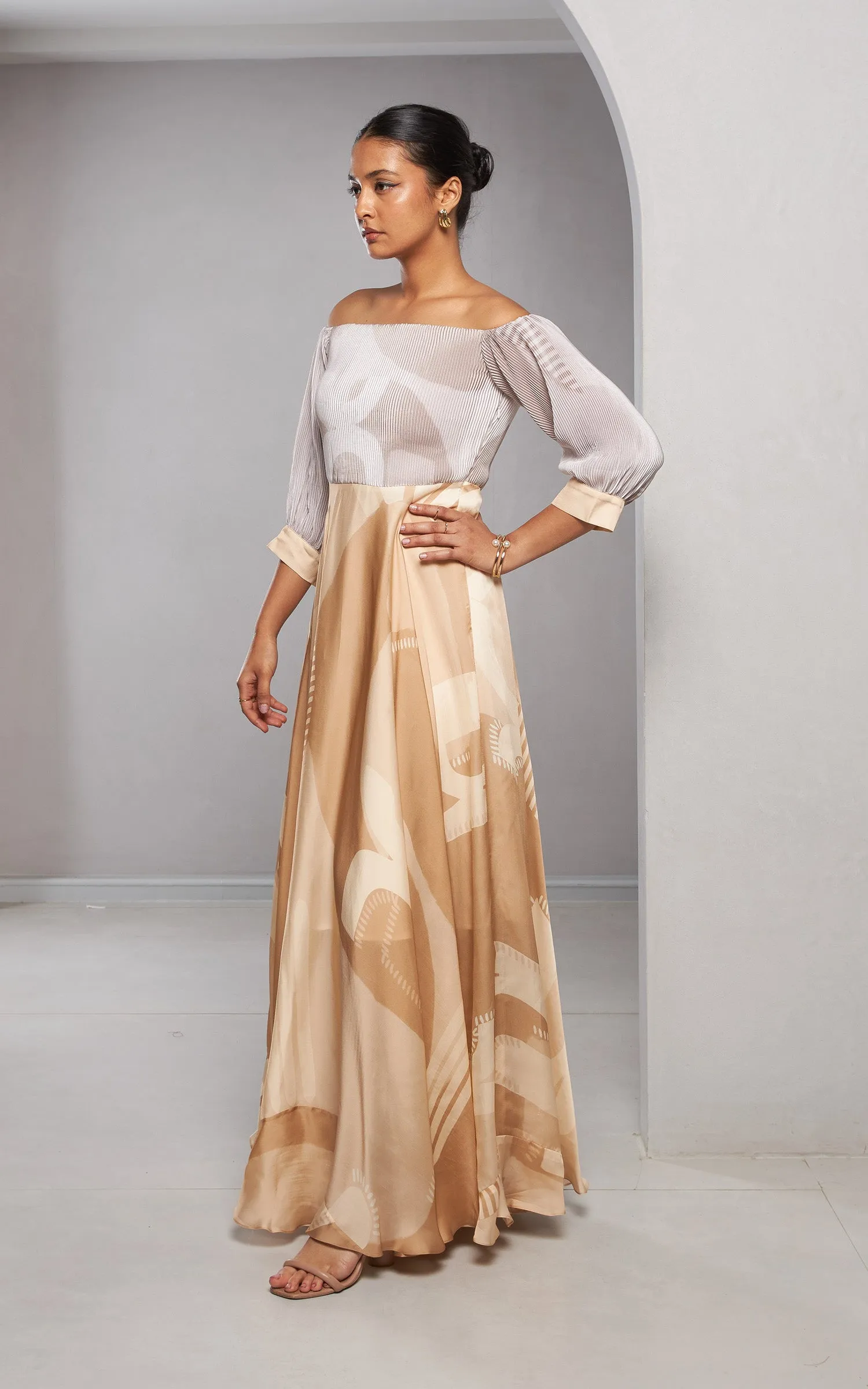 Beige abstract printed long dress