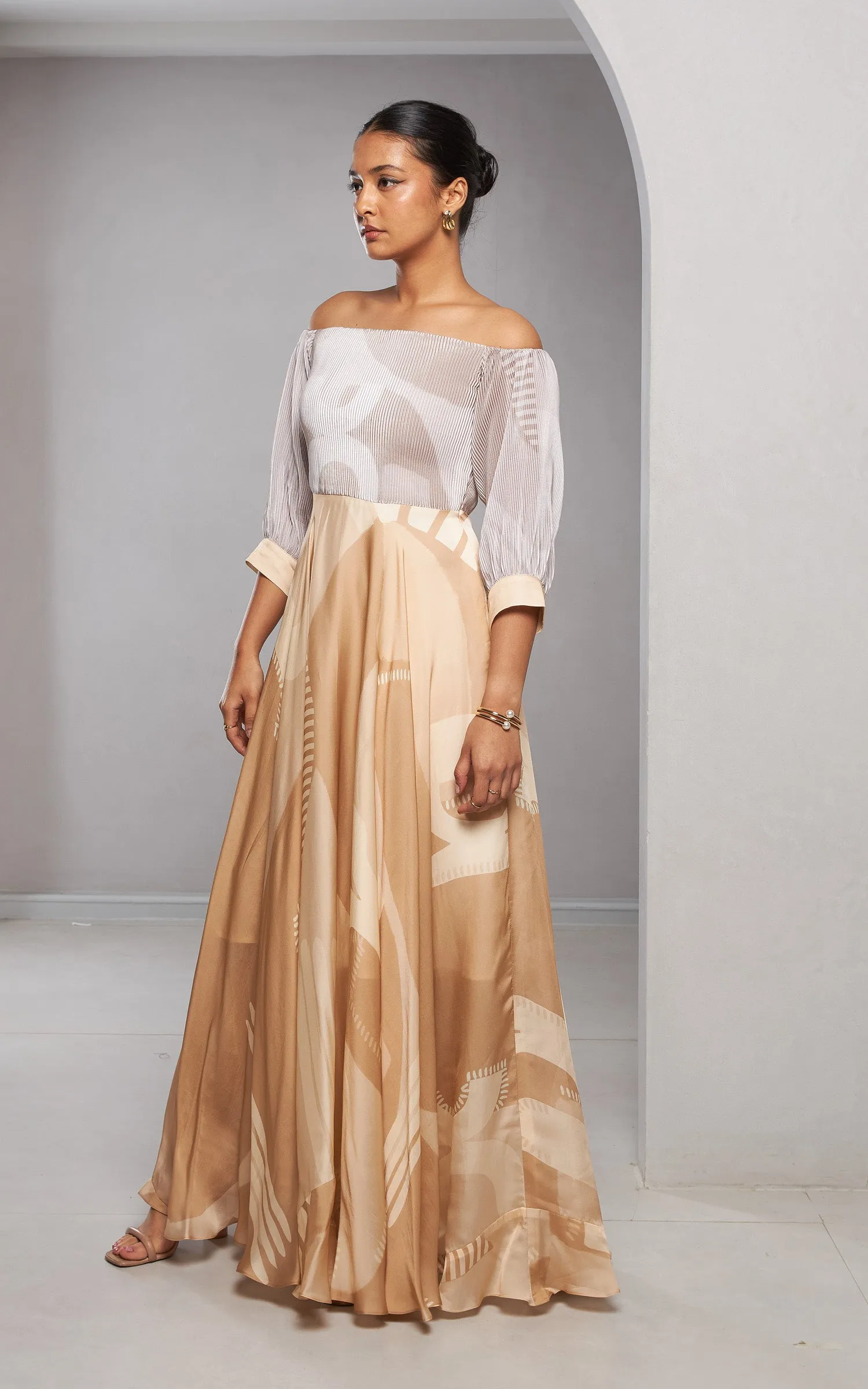 Beige abstract printed long dress