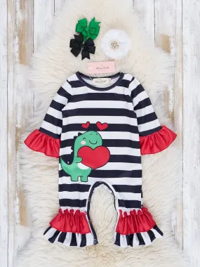 Black & White Striped Dino Love Ruffle Romper