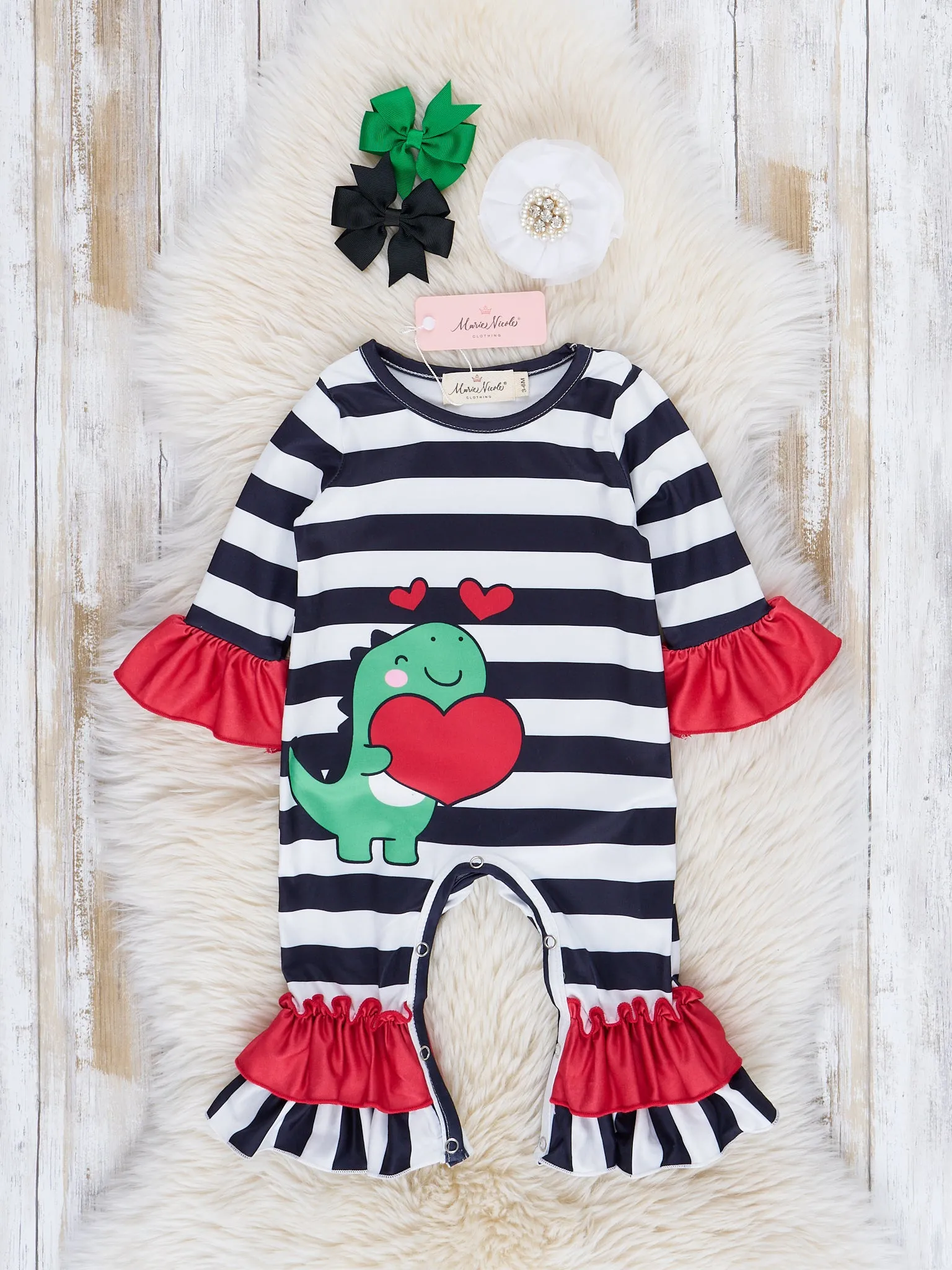 Black & White Striped Dino Love Ruffle Romper