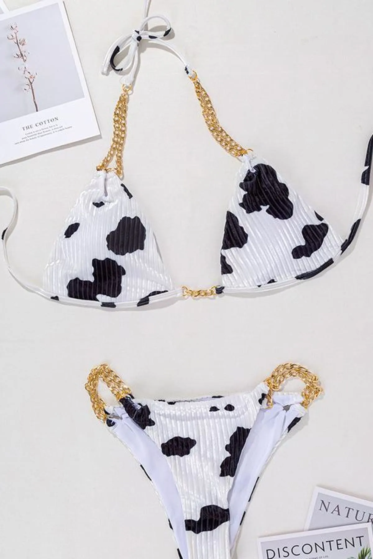 Black Cow Print Velvet Chain Bikini