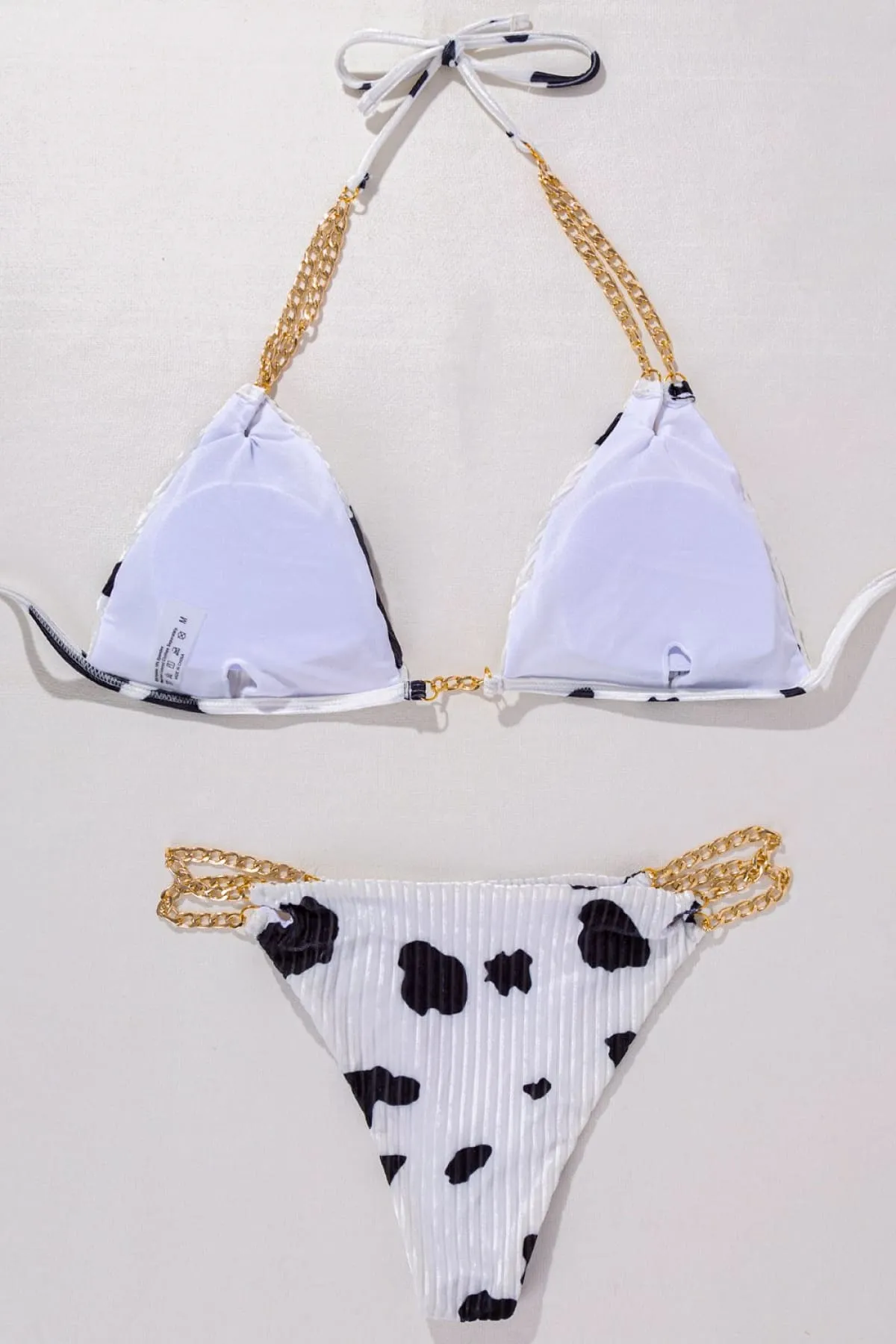 Black Cow Print Velvet Chain Bikini