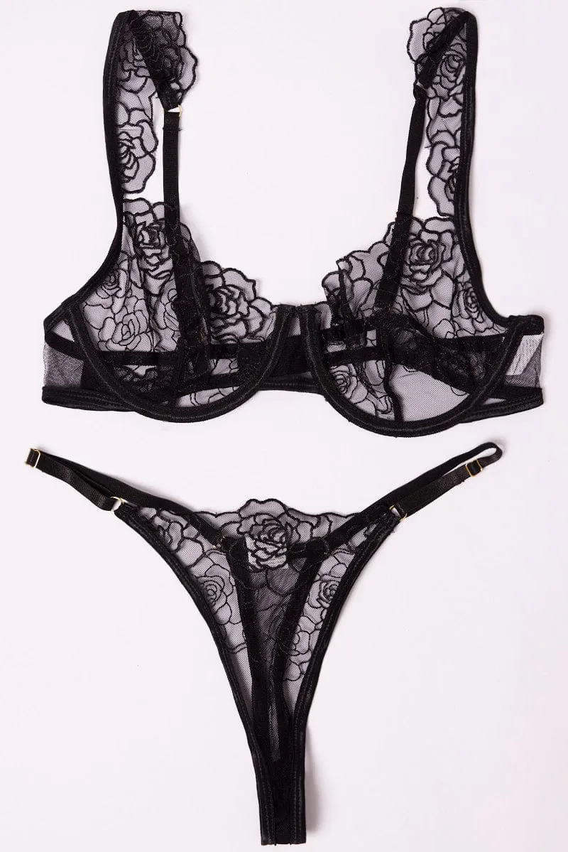 Black Floral Embroidery Lingerie Set