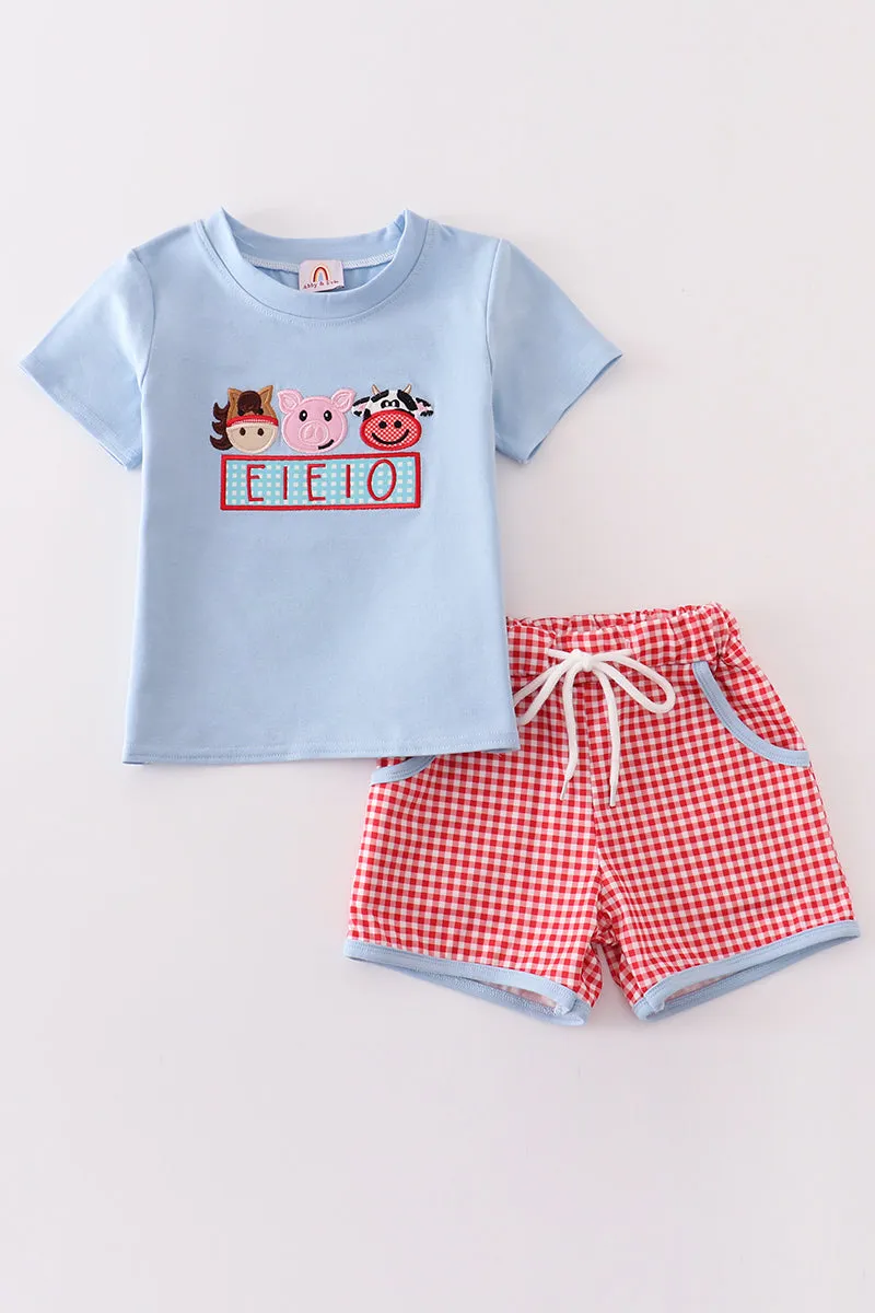 Blue farm animal applique boy set