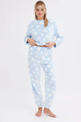 Blue Print Fluffy Pj Star Print Cosy Pyjama Set