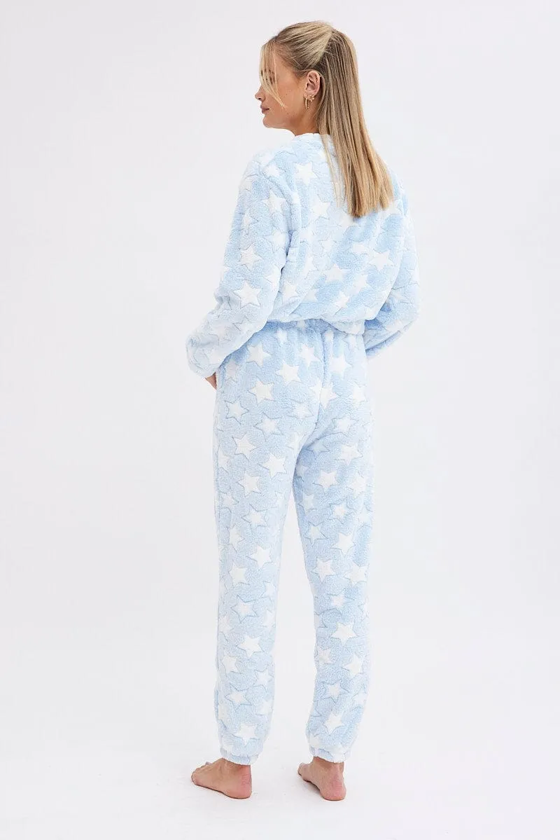 Blue Print Fluffy Pj Star Print Cosy Pyjama Set