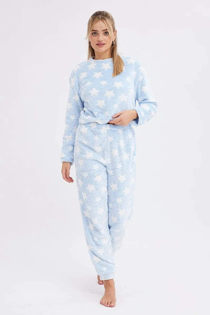 Blue Print Fluffy Pj Star Print Cosy Pyjama Set