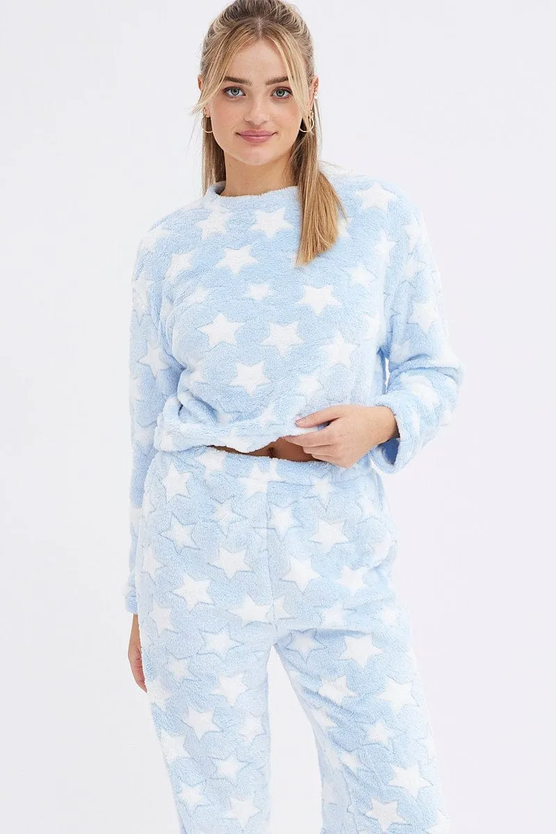 Blue Print Fluffy Pj Star Print Cosy Pyjama Set