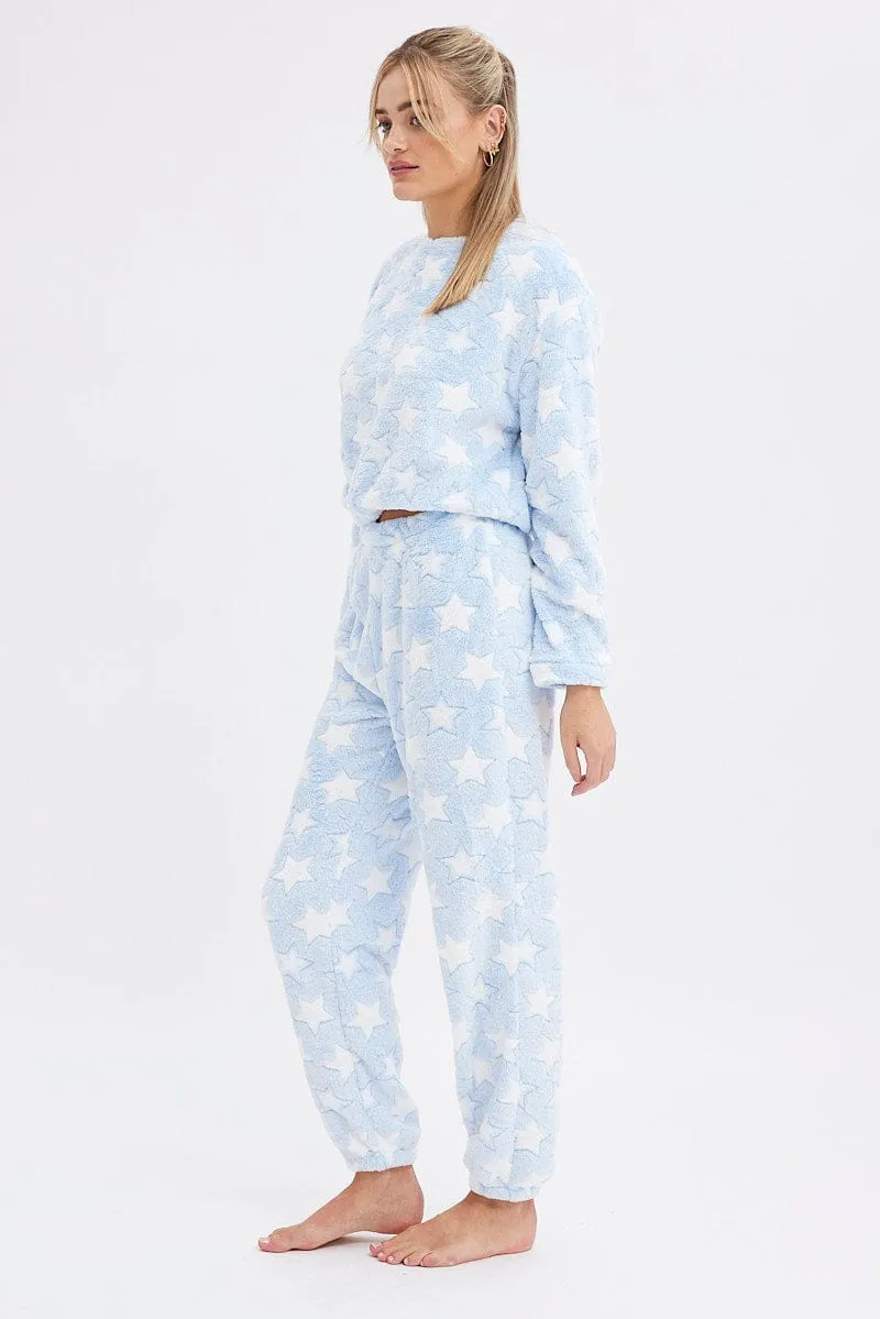 Blue Print Fluffy Pj Star Print Cosy Pyjama Set