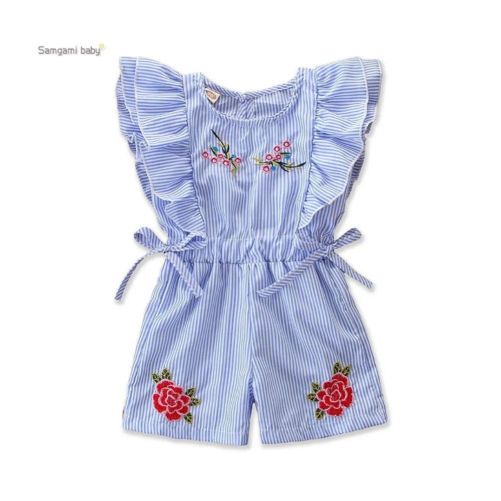 BLUE SLEEVELESS RUFFLE ROMPER BODYSUIT WITH FLORAL DESIGNS