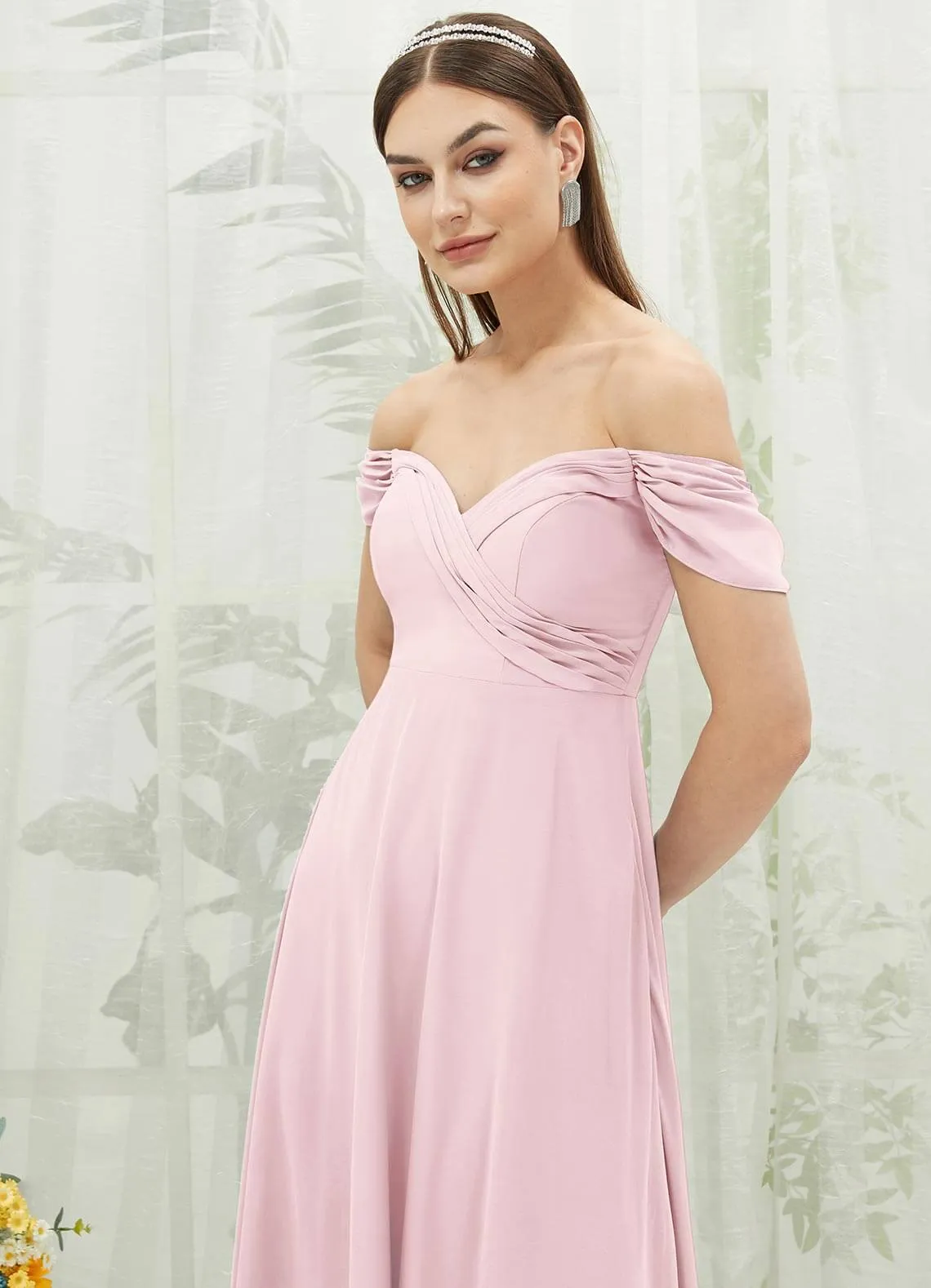 Blush Chiffon Cold Shoulder Sweetheart Bridesmaid Dress Pocket