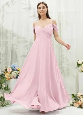 Blush Chiffon Cold Shoulder Sweetheart Bridesmaid Dress Pocket