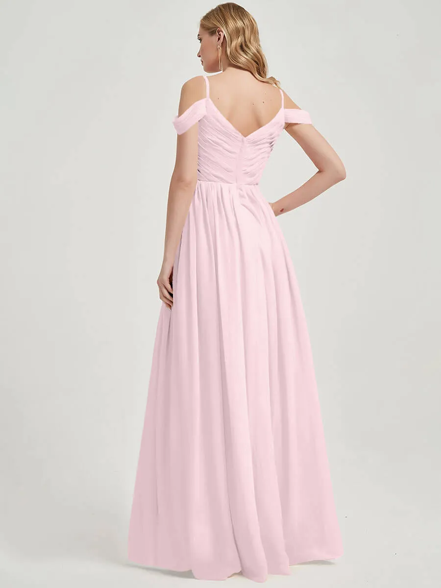 Blush Cold Shoulder Spaghetti Straps Pleated Chiffon Bridesmaid Dress