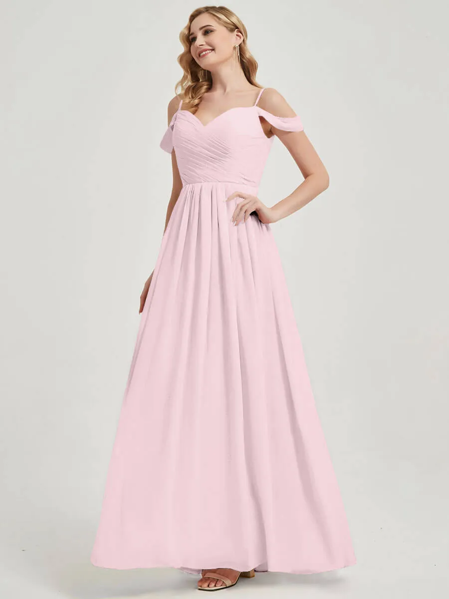 Blush Cold Shoulder Spaghetti Straps Pleated Chiffon Bridesmaid Dress