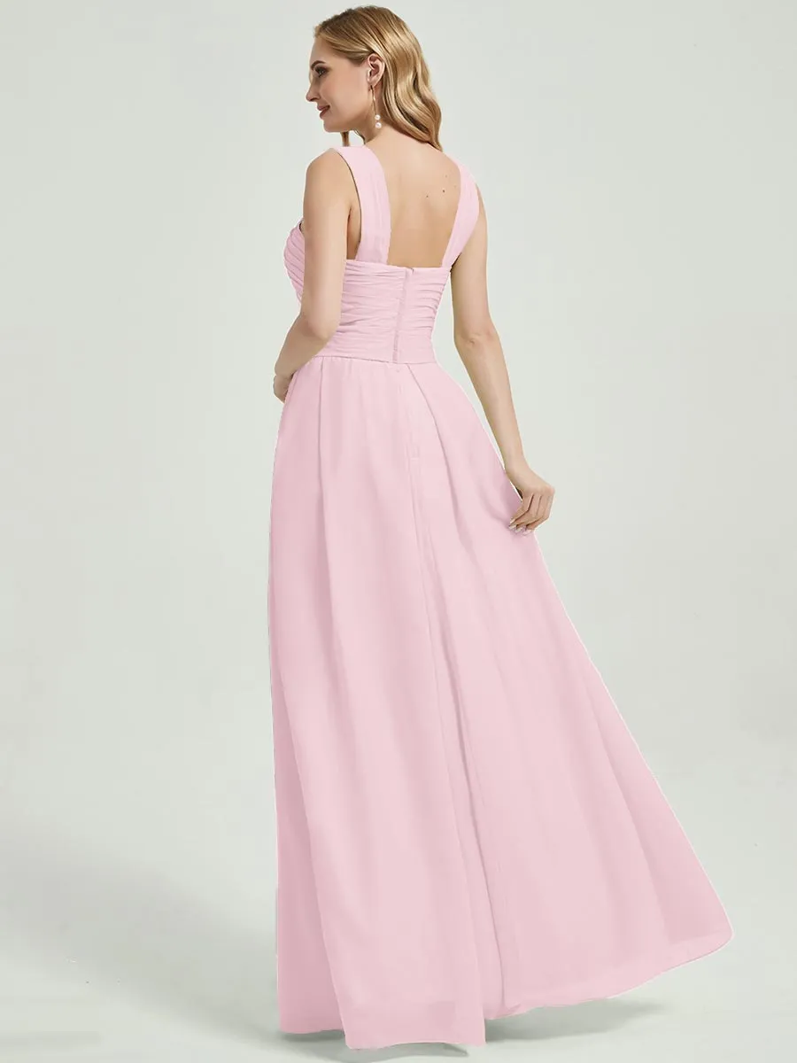 Blush Cross Neck Pleated A-Line Floor Length Chiffon Bridesmaid Dress