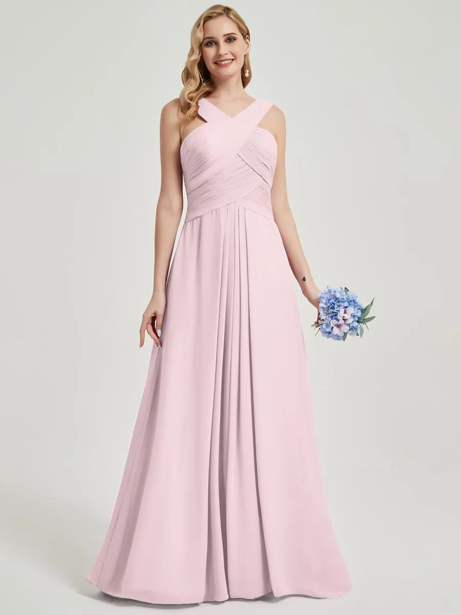 Blush Cross Neck Pleated A-Line Floor Length Chiffon Bridesmaid Dress