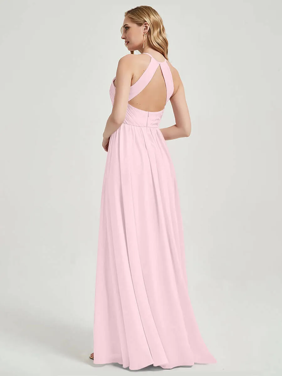 Blush Halter Pleated Keyhole Back Chiffon Floor Length Bridesmaid Dress