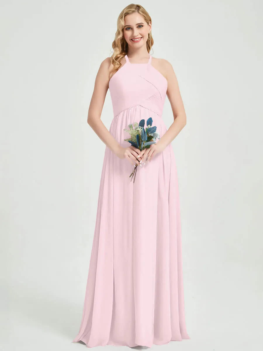 Blush Halter Pleated Keyhole Back Chiffon Floor Length Bridesmaid Dress