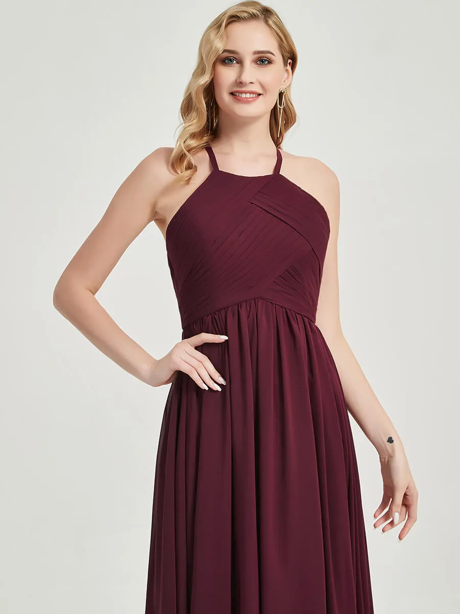 Blush Halter Pleated Keyhole Back Chiffon Floor Length Bridesmaid Dress