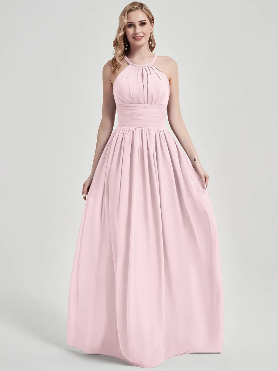 Blush Pleated Halter Neck Sleeveless A-Line Chiffon Bridesmaid Dress