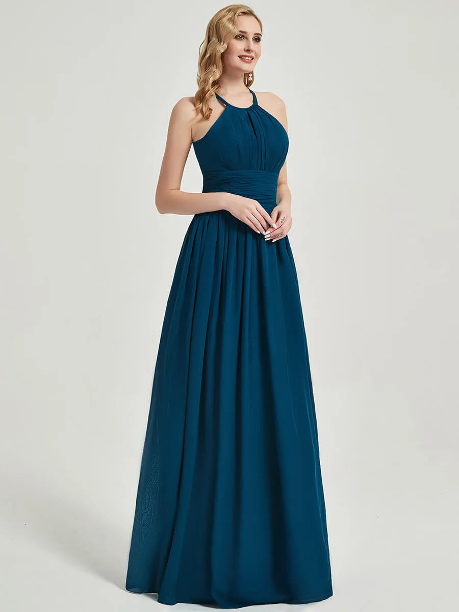 Blush Pleated Halter Neck Sleeveless A-Line Chiffon Bridesmaid Dress