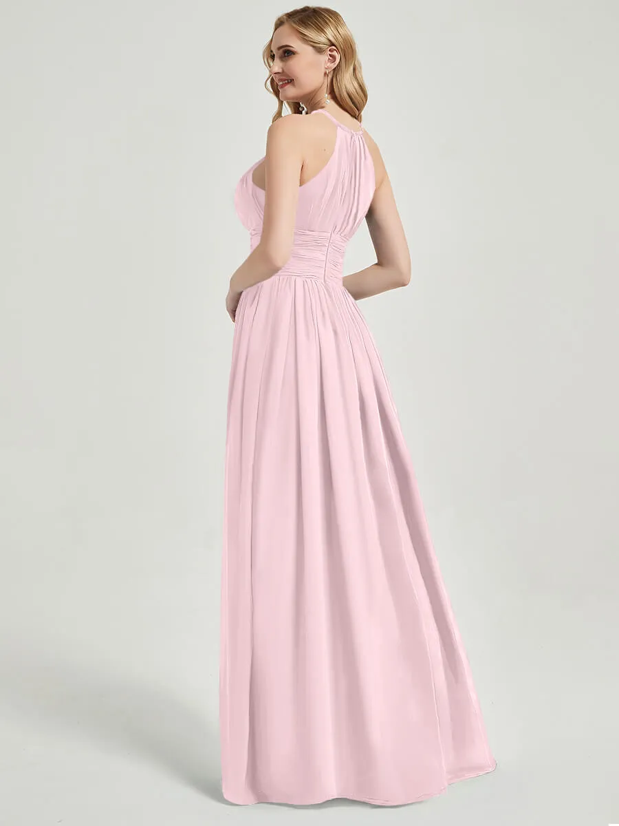 Blush Pleated Halter Neck Sleeveless A-Line Chiffon Bridesmaid Dress