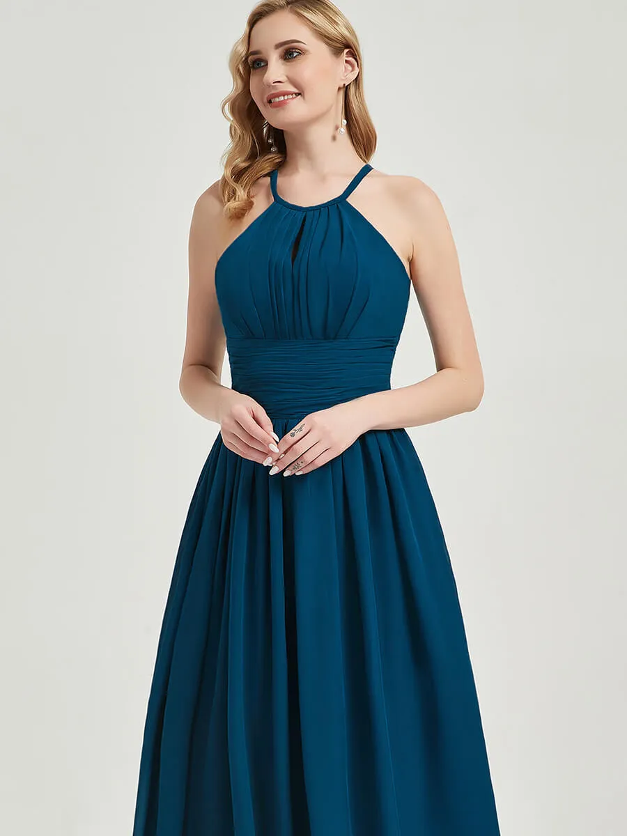 Blush Pleated Halter Neck Sleeveless A-Line Chiffon Bridesmaid Dress