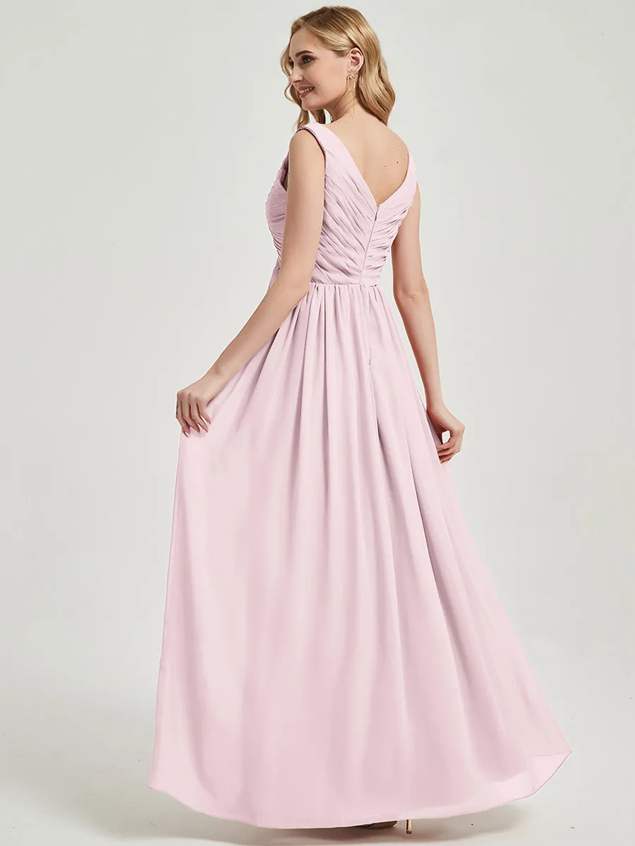 Blush Pleated Sleeveless Floor Length Empire Chiffon Bridesmaid Dress