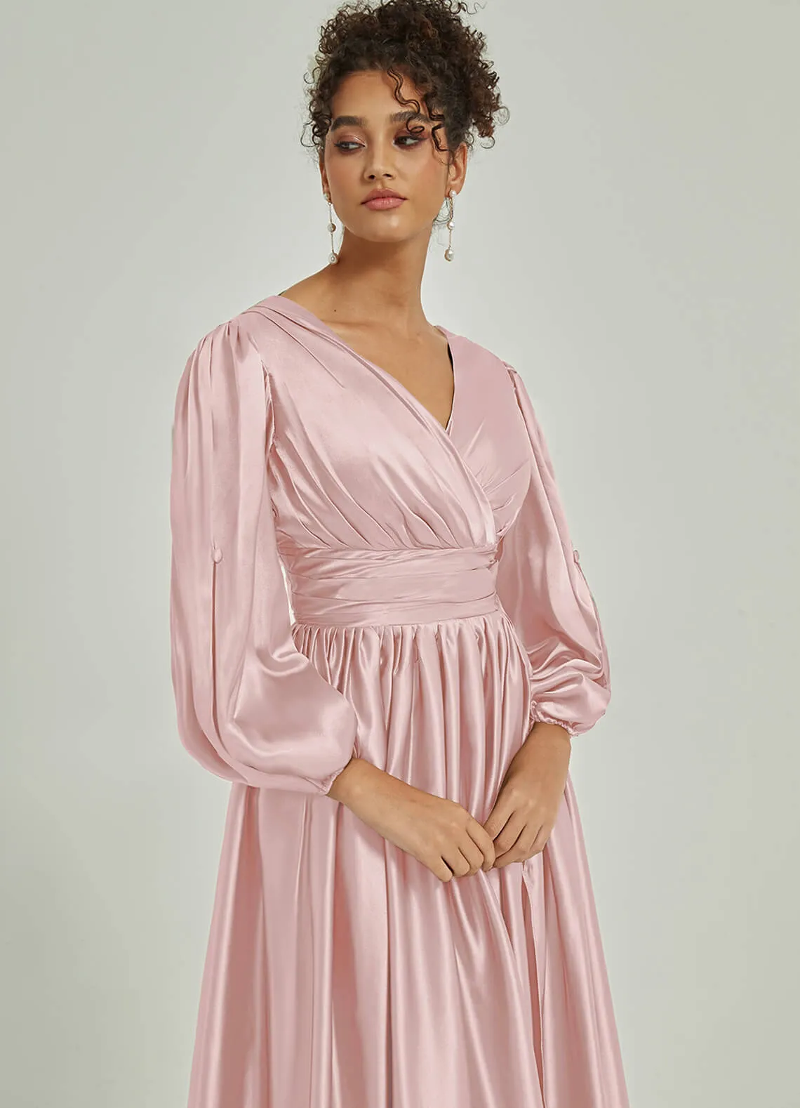 Blush Satin 3/4 Long Slit Sleeve V-Neck Slit Pleated Bridesmaid Dress