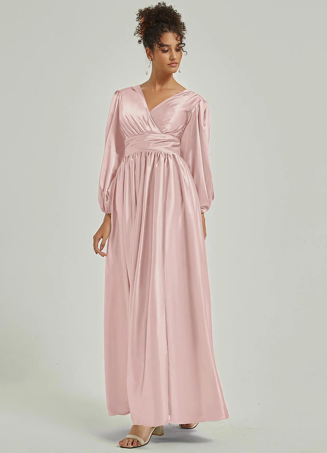 Blush Satin 3/4 Long Slit Sleeve V-Neck Slit Pleated Bridesmaid Dress