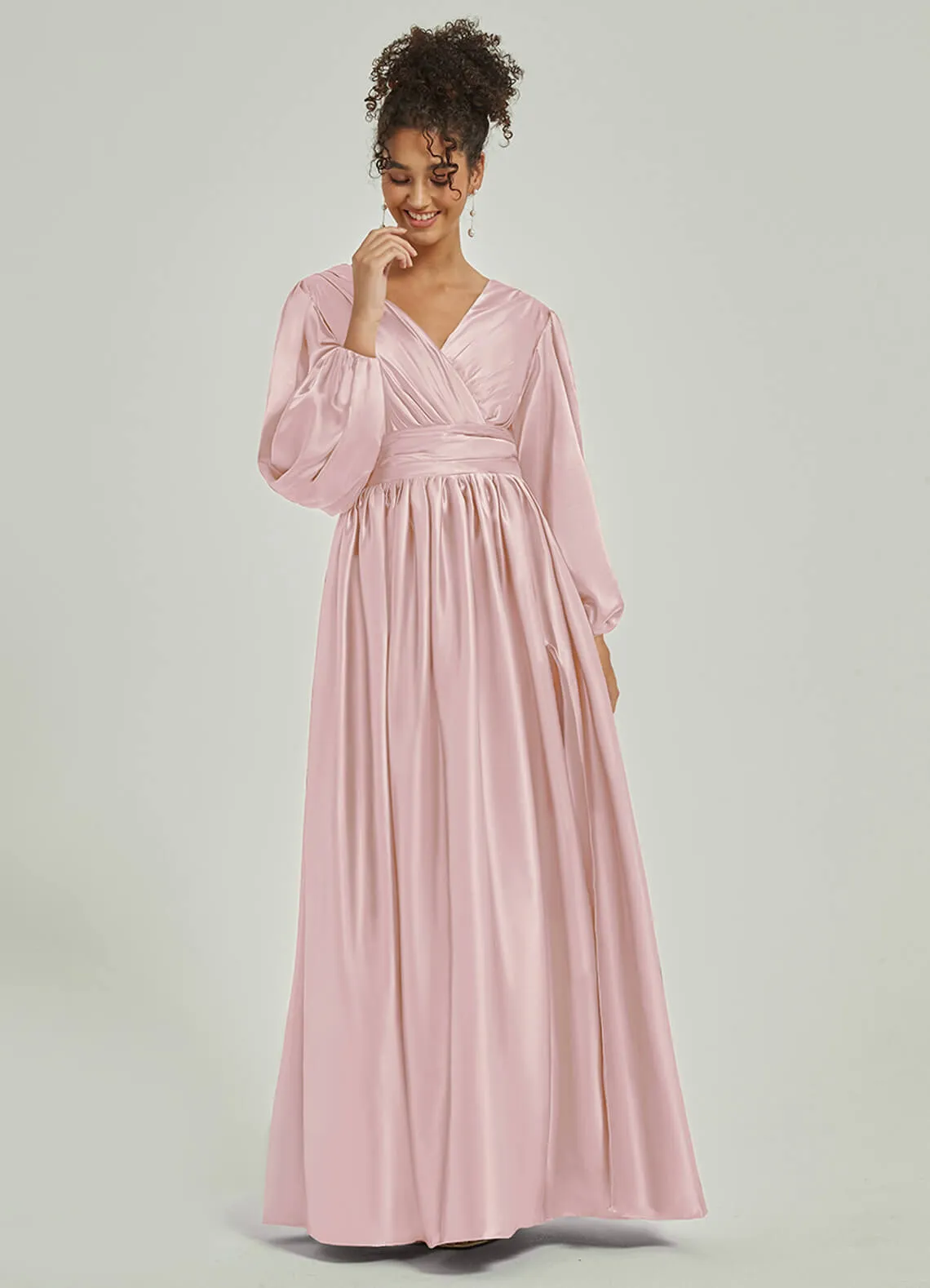 Blush Satin 3/4 Long Slit Sleeve V-Neck Slit Pleated Bridesmaid Dress