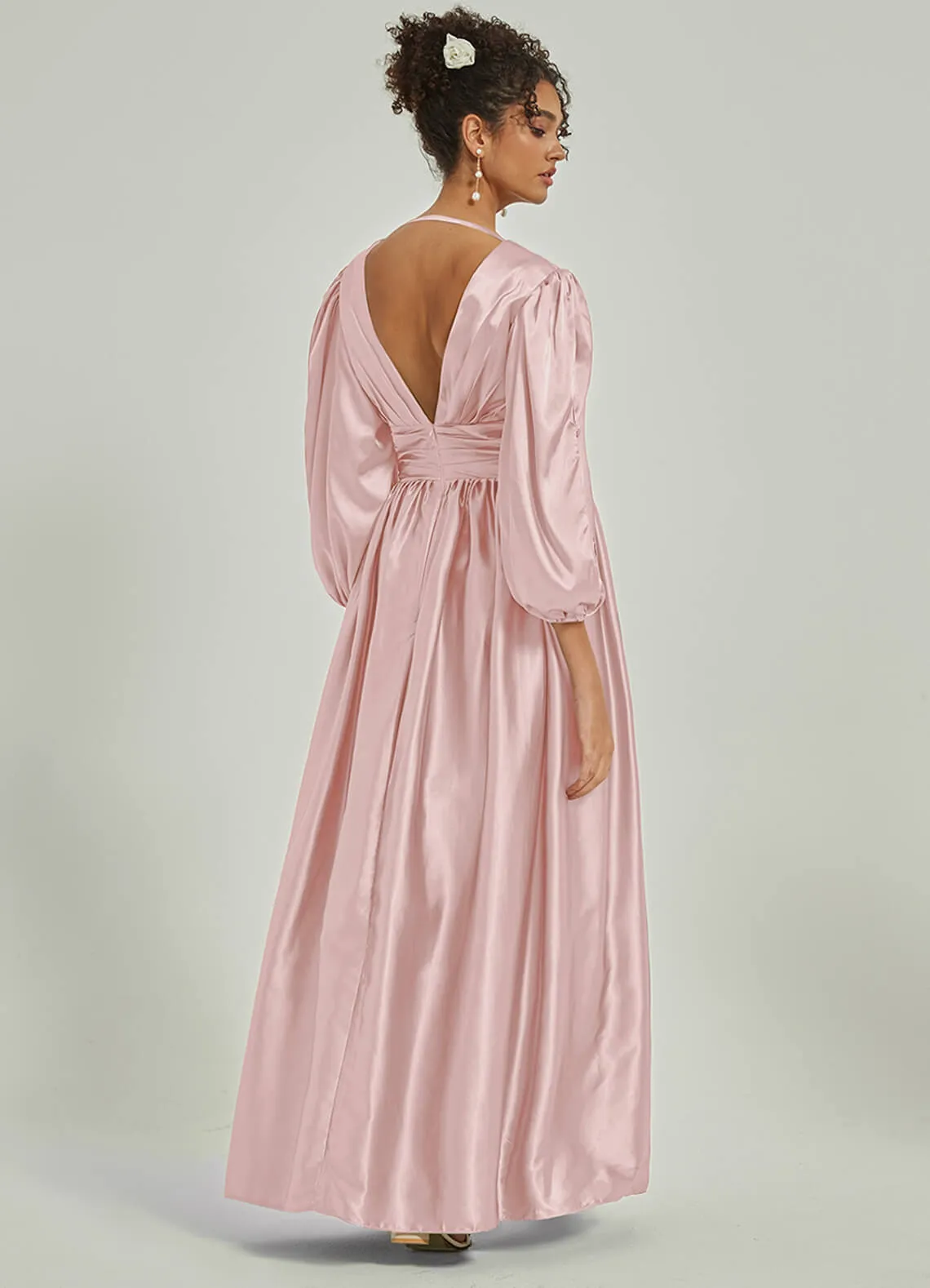 Blush Satin 3/4 Long Slit Sleeve V-Neck Slit Pleated Bridesmaid Dress