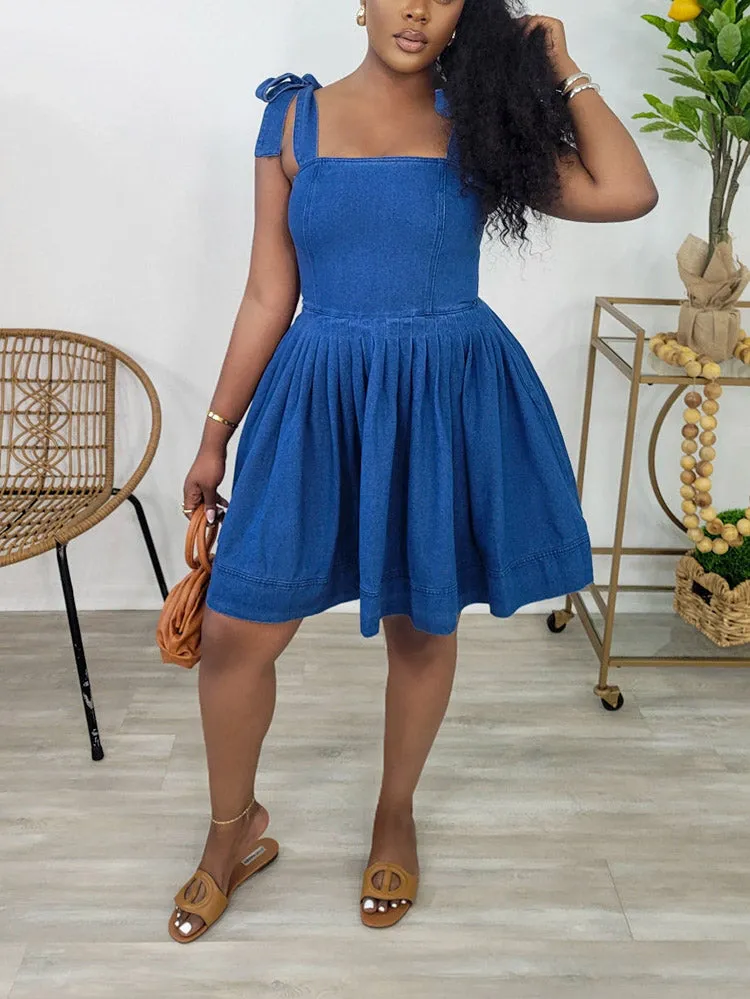 Bow Strap Denim Dress