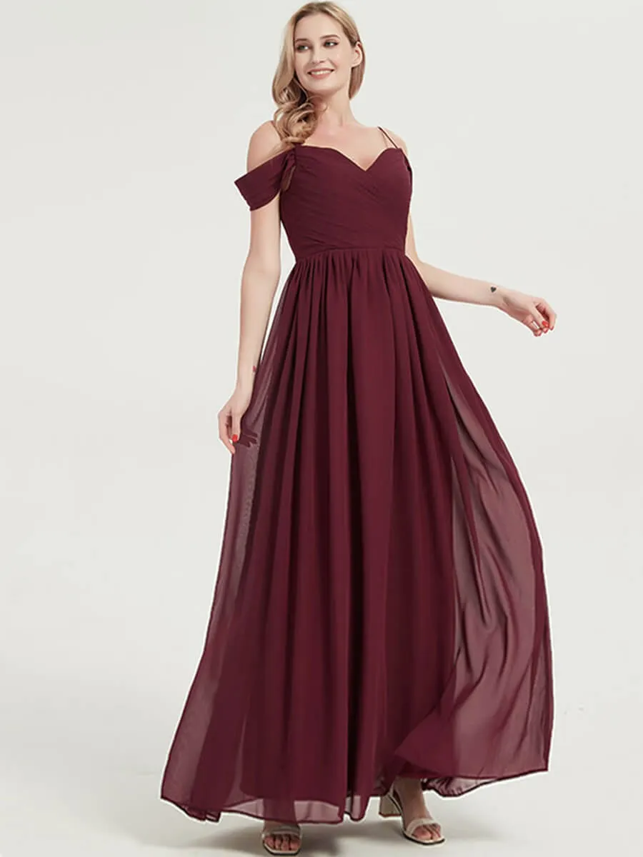 Burgundy Cold Shoulder Spaghetti Straps Pleated Chiffon Bridesmaid Dress