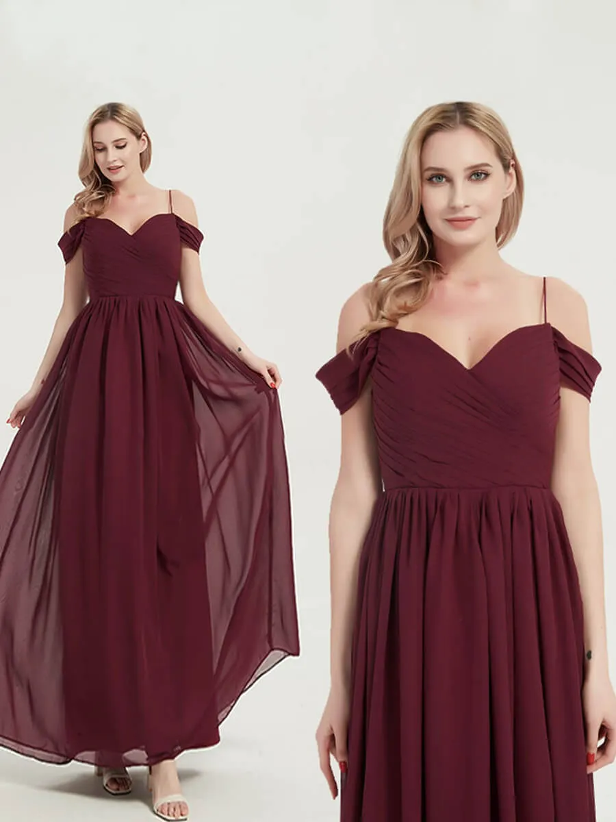 Burgundy Cold Shoulder Spaghetti Straps Pleated Chiffon Bridesmaid Dress